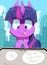 Size: 917x1259 | Tagged: safe, artist:oddjuice, derpibooru import, twilight sparkle, unicorn twilight, oc, anthro, pony, unicorn, :p, anthro oc, building, city, cityscape, context is for the weak, dialogue, female, giant pony, giantess, looking down, macro, micro, not salmon, sizeplay, sky, tongue, tongue out, wat, word balloon