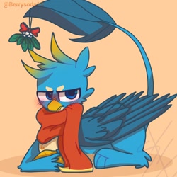 Size: 1400x1400 | Tagged: safe, artist:berrysoda10, derpibooru import, gallus, griffon, blushing, christmas, clothes, cute, gallabetes, holiday, lying down, male, mistletoe, prehensile tail, prone, scarf, solo, tail, tail hold, tsundere