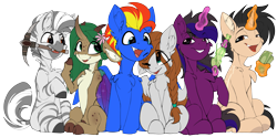 Size: 3215x1593 | Tagged: safe, artist:airfly-pony, derpibooru import, oc, oc only, oc:alatreon, oc:dark arreb, oc:elen, oc:mihana, oc:scarlett drop, oc:wing hurricane, pegasus, unicorn, zebra, 2022 community collab, braid, chest fluff, deep rock galactic, derpibooru community collaboration, dryad (elepatrium), elepatrium, female, horn, male, mare, pegasus oc, pickaxe, scarricane, simple background, stallion, transparent background, unicorn oc, universe elepatrium, zebra oc