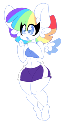 Size: 1280x2363 | Tagged: safe, artist:ladylullabystar, derpibooru import, oc, oc:vanilla sprinkles, anthro, pegasus, clothes, colored wings, female, floating wings, shorts, simple background, solo, transparent background, two toned wings, wings