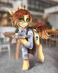 Size: 1600x2000 | Tagged: safe, artist:serodart, derpibooru import, oc, earth pony, pony, cafe, cafeteria, gift art, solo, tray, waiter