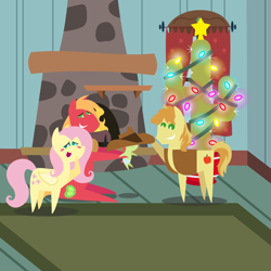 Size: 2160x2160 | Tagged: safe, anonymous artist, derpibooru import, big macintosh, braeburn, fluttershy, oc, oc:late riser, earth pony, pegasus, pony, series:fm holidays, series:hearth's warming advent calendar 2021, advent calendar, baby, baby pony, blush sticker, blushing, cactus, christmas, christmas lights, clothes, colt, cowboy hat, female, fireplace, fluttermac, hat, high res, holding a pony, holiday, lineless, male, mare, offspring, oversized clothes, oversized hat, parent:big macintosh, parent:fluttershy, parents:fluttermac, pointy ponies, shipping, smiling, stallion, straight