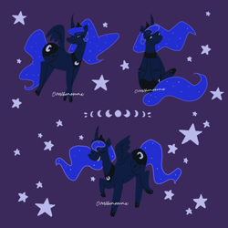 Size: 1280x1280 | Tagged: safe, artist:michinart, artist:overthemoonmx, derpibooru import, princess luna, alicorn, pony, female, lunar phases, mare, purple background, simple background, stars