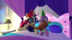 Size: 1024x575 | Tagged: safe, artist:undeadponysoldier, moondancer, spike, dragon, pony, unicorn, 3d, bed, book, clothes, cute, dancerbetes, glasses, gmod, happy, lamp, lying down, reading, sitting, spikabetes, spikedancer, sweater