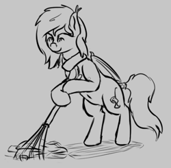 Size: 713x700 | Tagged: safe, artist:barhandar, oc, oc only, oc:panne, bat pony, pony, belly button, bipedal leaning, ear tufts, female, gray background, grayscale, leaf pile, leaf rake, mare, monochrome, rake, scarf, simple background, sketch, solo, tail wrap