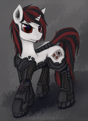 Size: 1739x2407 | Tagged: dead source, safe, artist:pantzar, derpibooru import, oc, oc only, oc:blackjack, cyborg, pony, unicorn, fallout equestria, fallout equestria: project horizons, amputee, augmented, cyber legs, fanfic, fanfic art, female, hooves, horn, level 2 (project horizons), mare, prosthetic leg, prosthetic limb, prosthetics, quadruple amputee, solo