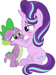 Size: 4207x5616 | Tagged: safe, artist:kingdark0001, derpibooru import, spike, starlight glimmer, dragon, pony, unicorn, absurd resolution, blushing, cute, duo, female, kiss mark, kissing, lipstick, lucky bastard, male, mare, romantic, shipping, simple background, sitting, smiling, sparlight, straight, transparent background, winged spike, wings
