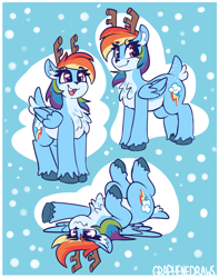 Size: 2869x3635 | Tagged: safe, artist:graphene, derpibooru import, rainbow dash, deer, reindeer, antlers, chest fluff, cute, dashabetes, doe, ear fluff, ears, female, lying down, on back, open mouth, open smile, pegadeer, reindeer dash, reindeerified, smiling, solo, species swap, wavy mouth