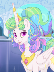 Size: 1080x1440 | Tagged: safe, artist:shaslan, derpibooru import, princess celestia, alicorn, crystal pony, pony, alternate hairstyle, alternate universe, crystal empire, female, horn, horn ring, jewelry, mare, regalia, ring, smiling, solo