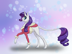 Size: 4000x3000 | Tagged: safe, artist:shaslan, derpibooru import, rarity, pony, unicorn, christmas clothing, female, leonine tail, mare, raised hoof, raised leg, smiling, solo, tail, winter