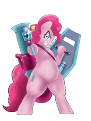 Size: 600x800 | Tagged: safe, artist:kushina13, derpibooru import, pinkie pie, earth pony, semi-anthro, the ending of the end, beam rifle, beam saber, bipedal, grin, gun, gundam, looking at you, rocket launcher, shield, simple background, smiling, solo, weapon, white background