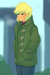 Size: 2048x3056 | Tagged: safe, artist:noupu, derpibooru import, applejack, equestria girls, clothes, eyebrows, eyebrows visible through hair, female, hand in pocket, high res, jacket, lidded eyes, solo