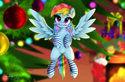Size: 2609x1726 | Tagged: safe, artist:darksly, derpibooru import, rainbow dash, pegasus, pony, candy, candy cane, chest fluff, christmas, christmas tree, clothes, cute, dashabetes, ear fluff, ears, female, flying, food, head tilt, holiday, looking at you, mare, micro, mouth hold, smiling, smiling at you, socks, solo, striped socks, tree, unshorn fetlocks