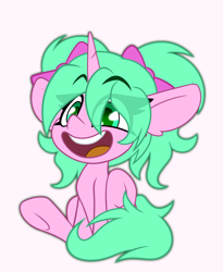 Size: 1322x1611 | Tagged: safe, artist:nekro-led, derpibooru import, oc, oc:magicalmysticva, unicorn, big smile, bow, chibi, commission, cute, green eyes, open mouth, pink coat, solo, teal mane, ych result