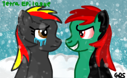 Size: 400x247 | Tagged: safe, artist:mudkip91/tetrahedron, derpibooru import, oc, oc:red_arrow22, oc:tetrahedron, pegasus, pony, corrupted, crying, depressing, face to face, good vs evil, mountain, sad, snow, snowfall, sonic epilogue, tears of sadness, this will end in death, this will end in tears