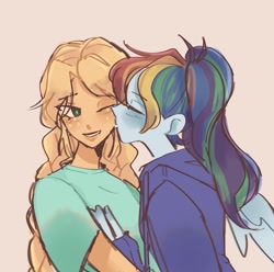 Size: 1471x1457 | Tagged: safe, artist:warnerstan2, derpibooru import, applejack, rainbow dash, human, appledash, female, humanized, kiss on the cheek, kissing, lesbian, shipping, simple background