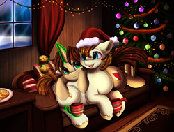 Size: 3509x2650 | Tagged: safe, artist:pridark, derpibooru import, oc, oc only, earth pony, pony, unicorn, christmas, christmas tree, cookie, cuddling, food, hat, holiday, muffin, mug, santa hat, sofa, tree, window