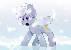 Size: 2064x1457 | Tagged: safe, artist:mochi_nation, derpibooru import, oc, oc only, oc:silver bolt, earth pony, pony, female, ice, mare, open mouth, snow, snowfall, solo, surprised, winter