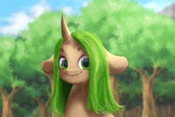Size: 1500x1000 | Tagged: safe, artist:mayslost, derpibooru import, oc, oc only, pony, unicorn, ears, floppy ears, forest, green eyes, looking at you, messy mane, reflection, smiling, solo