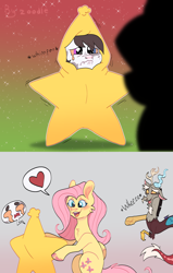 Size: 2500x3931 | Tagged: safe, artist:zoodle, derpibooru import, discord, fluttershy, oc, draconequus, pegasus, pony, christmas, comic, crying, draconequus oc, female, holiday, laughing, male, mare, pointing, trio