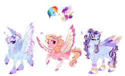 Size: 4600x2822 | Tagged: safe, artist:gigason, derpibooru import, princess cadance, rainbow dash, oc, oc:cupid arrow, oc:rainy parade, oc:sweet nothings, alicorn, pegasus, pony, cadash, colored wings, female, infidelity, lesbian, mare, multicolored wings, parents:cadash, shipping, simple background, transparent background, wings