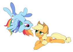 Size: 1400x1000 | Tagged: safe, artist:riss-mlp, derpibooru import, applejack, rainbow dash, earth pony, pegasus, pony, appledash, bedroom eyes, female, lesbian, looking at each other, looking at someone, lying down, mare, prone, shipping, simple background, upside down, white background