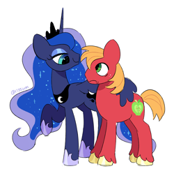 Size: 3058x3000 | Tagged: safe, artist:risswm, derpibooru import, big macintosh, princess luna, alicorn, earth pony, pony, female, frown, looking at each other, looking at someone, lunamac, male, mare, shipping, simple background, smiling, stallion, straight, white background