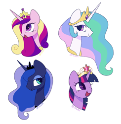 Size: 980x1000 | Tagged: safe, artist:risswm, derpibooru import, princess cadance, princess celestia, princess luna, twilight sparkle, twilight sparkle (alicorn), alicorn, pony, alicorn tetrarchy, big crown thingy, bust, element of magic, female, jewelry, mare, regalia, simple background, smiling, white background