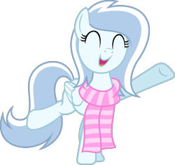 Size: 943x887 | Tagged: safe, artist:pegasski, derpibooru import, oc, oc only, oc:winter joy, pegasus, pony, ^^, base used, bipedal, clothes, eyes closed, female, folded wings, full body, mare, open mouth, open smile, pegasus oc, raised leg, scarf, show accurate, simple background, smiling, solo, standing, striped scarf, tail, transparent background, two toned mane, two toned tail, underhoof, wings