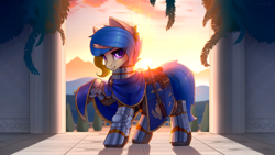 Size: 4000x2250 | Tagged: safe, artist:dipfanken, derpibooru import, oc, oc only, pony, unicorn, armor, broken horn, caparison, cloak, clothes, eye clipping through hair, eyebrows, eyebrows visible through hair, female, hammer, high res, horn, looking at you, mare, raised hoof, raised leg, smiling, smiling at you, solo, unicorn oc, war hammer, weapon