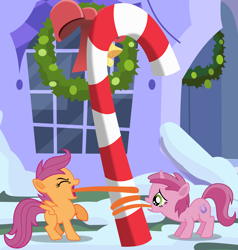 Size: 2850x3000 | Tagged: safe, artist:frownfactory, derpibooru import, ruby pinch, scootaloo, pegasus, pony, unicorn, hearth's warming eve (episode), candy, candy cane, ear fluff, ears, eyes closed, female, filly, foal, food, hearth's warming eve, horn, snow, tongue, tongue out, vector, wings