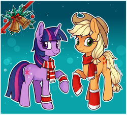 Size: 2000x1800 | Tagged: safe, artist:anonymous, artist:onionpwder, edit, editor:edits of hate, editor:unofficial edits thread, applejack, twilight sparkle, unicorn twilight, earth pony, pony, unicorn, applejack's hat, bell, blue background, christmas, clothes, cowboy hat, cute, female, gradient background, hat, heart, jackabetes, looking at you, mare, redraw, scarf, shipping, simple background, smiling, socks, twiabetes, wristband