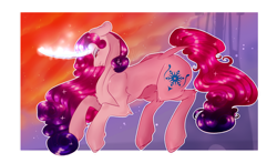 Size: 1024x601 | Tagged: safe, artist:magnetjasdraw329, derpibooru import, princess amore, pony, unicorn, colored pupils, curved horn, ethereal mane, female, flowing mane, flowing tail, glowing, glowing horn, horn, looking down, magic, orange eyes, pink mane, sad, sky, solo, sparkles, starry mane, starry tail, sunlight, sunset, tail, teary eyes
