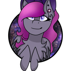 Size: 1500x1500 | Tagged: safe, artist:teonnakatztkgs, derpibooru import, oc, oc only, pegasus, pony, bust, colored wings, ear piercing, pegasus oc, piercing, smiling, solo, stars, two toned wings, wings