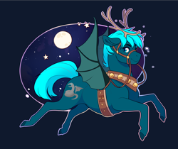 Size: 2796x2354 | Tagged: safe, artist:royvdhel-art, derpibooru import, oc, oc only, pony, antlers, bat wings, bust, commission, full moon, harness, male, moon, night, stallion, stars, tack, wings, ych result