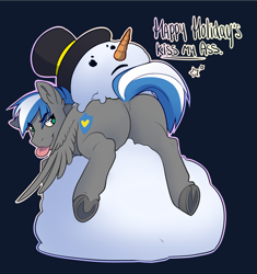 Size: 1905x2026 | Tagged: safe, artist:royvdhel-art, derpibooru import, oc, oc only, oc:cloud zapper, pegasus, pony, :p, blue background, butt, carrot, colored pupils, commission, ear fluff, ears, eyebrows, eyebrows visible through hair, featureless crotch, food, frog (hoof), kiss my ass, looking at you, looking back, looking back at you, male, pegasus oc, plot, presenting, simple background, smiling, smiling at you, smirk, snowman, solo, spread wings, stallion, talking, tongue, tongue out, underhoof, vulgar, wings, wings down, ych result