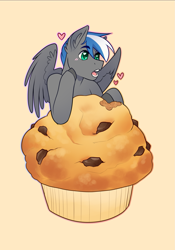 Size: 1585x2258 | Tagged: safe, artist:royvdhel-art, derpibooru import, oc, oc only, oc:cloud zapper, pegasus, pony, :o, bust, commission, ear fluff, ears, food, heart, male, micro, muffin, open mouth, pegasus oc, simple background, stallion, wings, ych result, yellow background