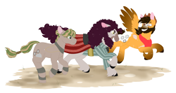 Size: 6510x3469 | Tagged: safe, artist:queenderpyturtle, derpibooru import, oc, oc only, oc:bardolino, oc:shoofly, oc:wanderlust, earth pony, pegasus, pony, absurd resolution, beard, clothes, facial hair, male, running, simple background, stallion, transparent background