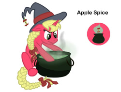Size: 681x518 | Tagged: safe, alternate version, artist:torusthescribe, derpibooru import, oc, oc only, pony, unicorn, braid, braided tail, cauldron, frown, hat, horn, parent:applejack, parents:canon x oc, simple background, solo, story included, tail, unicorn oc, white background, witch, witch hat