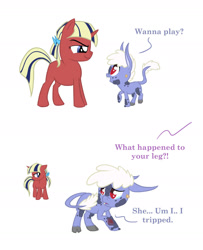 Size: 1320x1624 | Tagged: safe, artist:torusthescribe, derpibooru import, oc, oc only, hybrid, pony, unicorn, blood, comic, dialogue, horn, interspecies offspring, offspring, parent:discord, parent:twilight sparkle, parents:discolight, smiling, smirk, story included, unicorn oc