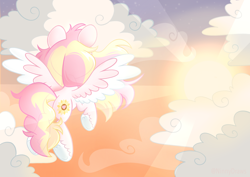 Size: 3508x2480 | Tagged: safe, artist:ninnydraws, derpibooru import, oc, oc:ninny, pegasus, pony, cloud, female, flying, hoof fluff, mare, sky, sunset