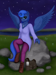 Size: 1200x1600 | Tagged: safe, artist:xodok, derpibooru import, princess luna, anthro, unguligrade anthro, series:ponyashnost, bag, blouse, clothes, female, field, horn, jewelry, lake, looking at you, mountain, night, pants, shoes, smiling, stars, stone, thermos, wings