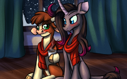 Size: 1660x1043 | Tagged: safe, artist:redahfuhrerking, derpibooru import, arizona cow, oleander, classical unicorn, cow, unicorn, them's fightin' herds, ariander, chocolate, clothes, community related, female, food, hot chocolate, lesbian, scarf, shipping