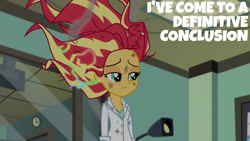 Size: 1280x720 | Tagged: safe, derpibooru import, edit, edited screencap, editor:quoterific, screencap, sunset shimmer, equestria girls, friendship games, the science of magic, female, messy hair, solo, sunset the science gal