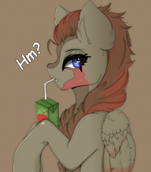 Size: 1200x1362 | Tagged: safe, artist:munrei, derpibooru import, oc, oc only, oc:dakota, pegasus, blue eyes, commission, drinking, fangs, female, halfbody, juice, juice box, looking at you, mare, simple background, wings