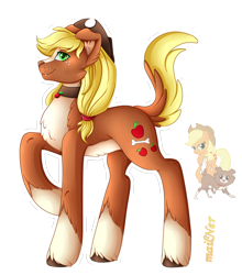 Size: 3666x4163 | Tagged: safe, artist:mailner, derpibooru import, applejack, winona, dog, dog pony, pony, appledog, applejack's hat, clothes, collar, cowboy hat, cutie mark, fangs, female, fusion, hat, high res, hooves, looking at you, mare, raised hoof, raised leg, redesign, simple background, smiling, smiling at you, solo, tail, transparent background, white outline, wrinkles