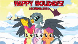 Size: 2064x1171 | Tagged: safe, artist:not-yet-a-brony, derpibooru import, apple bloom, gabby, scootaloo, sweetie belle, earth pony, griffon, pegasus, unicorn, 2021, christmas, christmas eve, cutie mark crusaders, december, female, filly, foal, friendship, happy holidays, hearth's warming, hearth's warming eve, holiday, new year, new years eve, snow, youtube link in the description