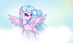 Size: 1665x987 | Tagged: safe, artist:naturajellyfish, derpibooru import, silverstream, classical hippogriff, hippogriff, blue sky, cloud, cute, diastreamies, flying, smiley face, smiling, solo, spread wings, sunlight, tail, two toned mane, two toned tail, wings