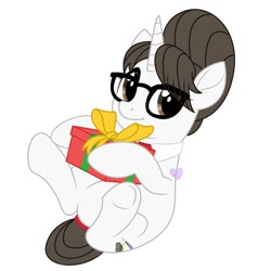 Size: 2000x2000 | Tagged: safe, artist:lovinglypromise, derpibooru import, raven, pony, unicorn, christmas, commission, cute, eye clipping through hair, female, glasses, hair bun, high res, holiday, looking at you, mare, necktie, present, ravenbetes, secretary, simple background, smiling, smiling at you, solo, white background, ych result