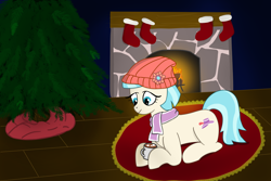 Size: 10800x7200 | Tagged: safe, artist:top plush, derpibooru import, coco pommel, earth pony, pony, beanie, chocolate, christmas, clothes, comfy, cozy, fireplace, food, hat, holiday, hot chocolate, lying down, prone, scarf, solo, stockings, thigh highs, tree, winter